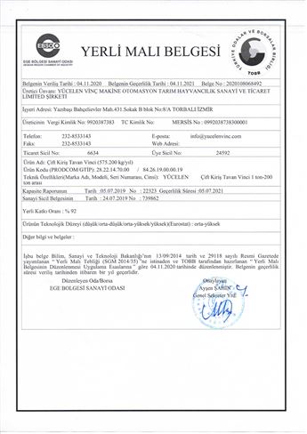 Çift Kiriş Yerli Malı Belgesi