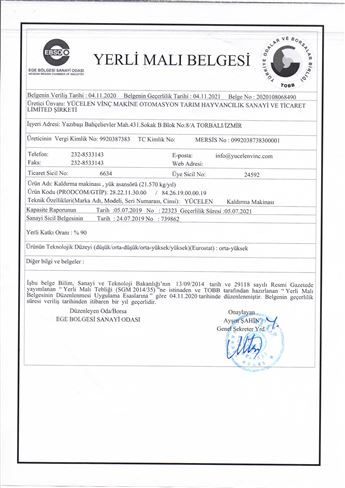 Kaldırma Makinesi Yerli Malı Belgesi