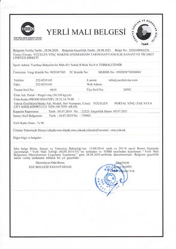 Portal Vinç Yerli Malı Belgesi
